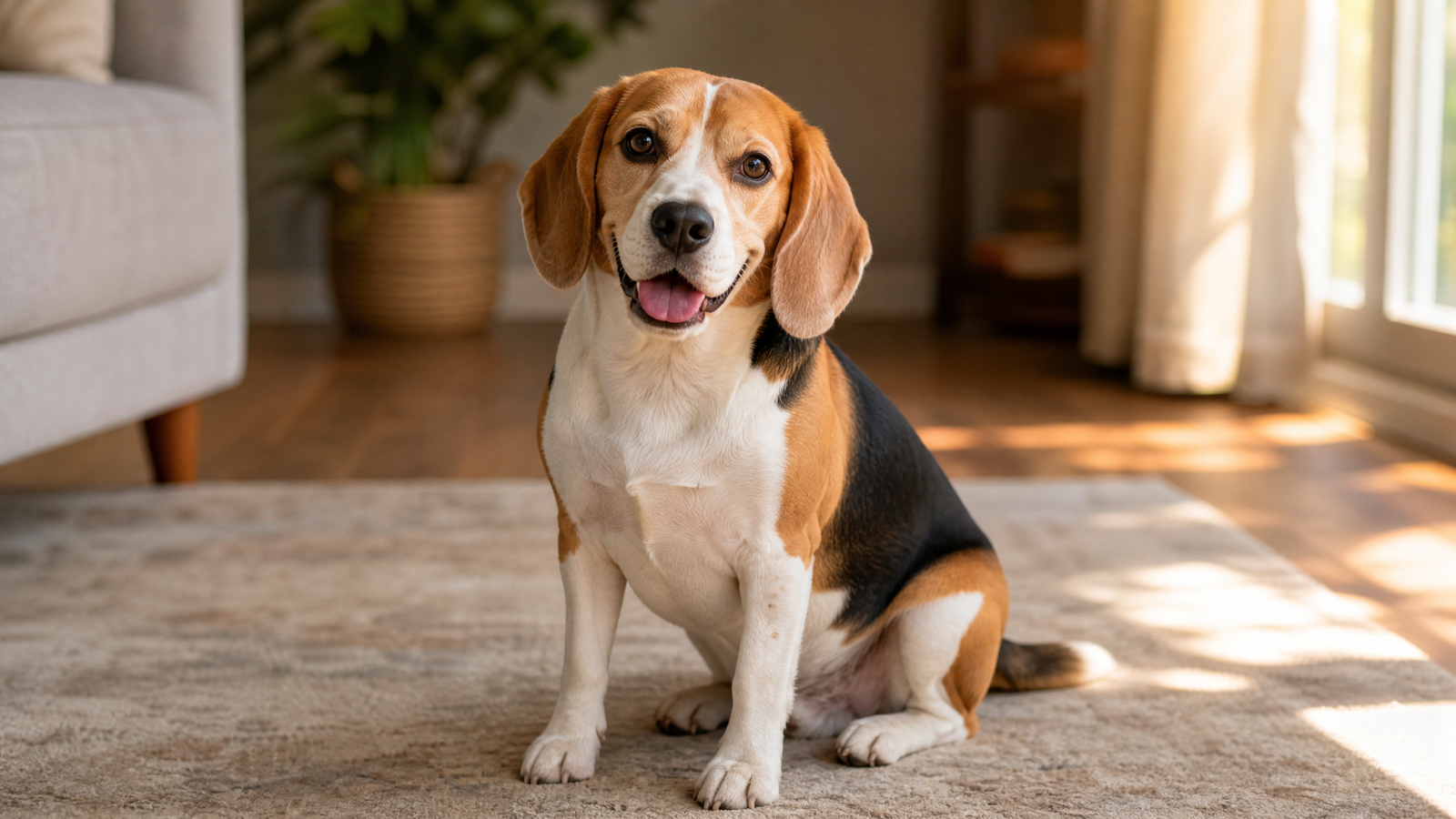 Healthy Beagle sitting in a sunlit living room, representing taurine for dogs and heart health