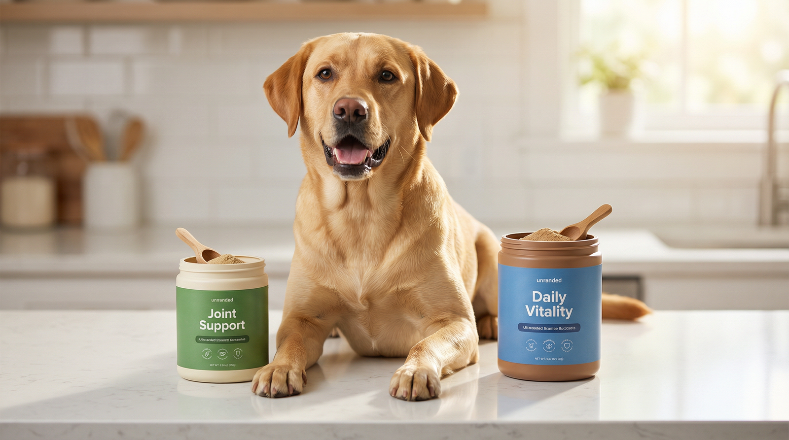 Labrador retriever sitting between two dog supplement containers on a kitchen counter