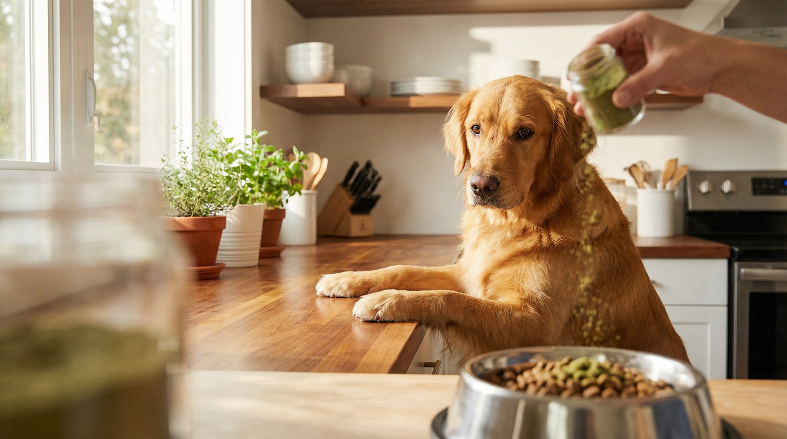 Golden retriever watching owner sprinkle nutritional supplement powder onto dog food in a bright modern kitchen