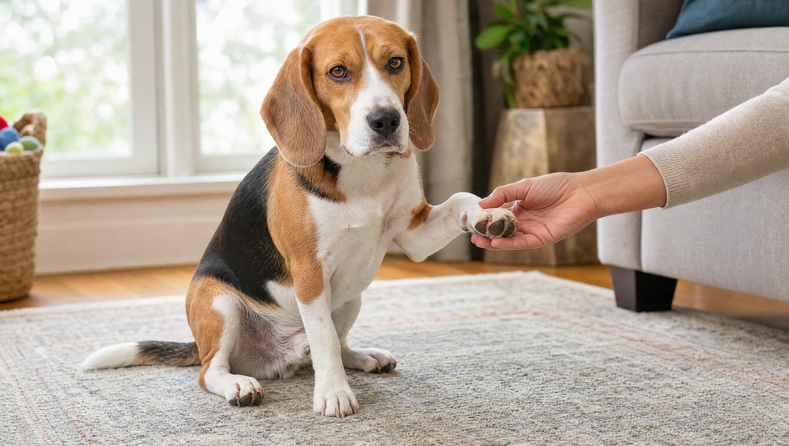 Adult tri-color Beagle sitting on a living-room rug while a person gently turns a front paw to inspect the pads