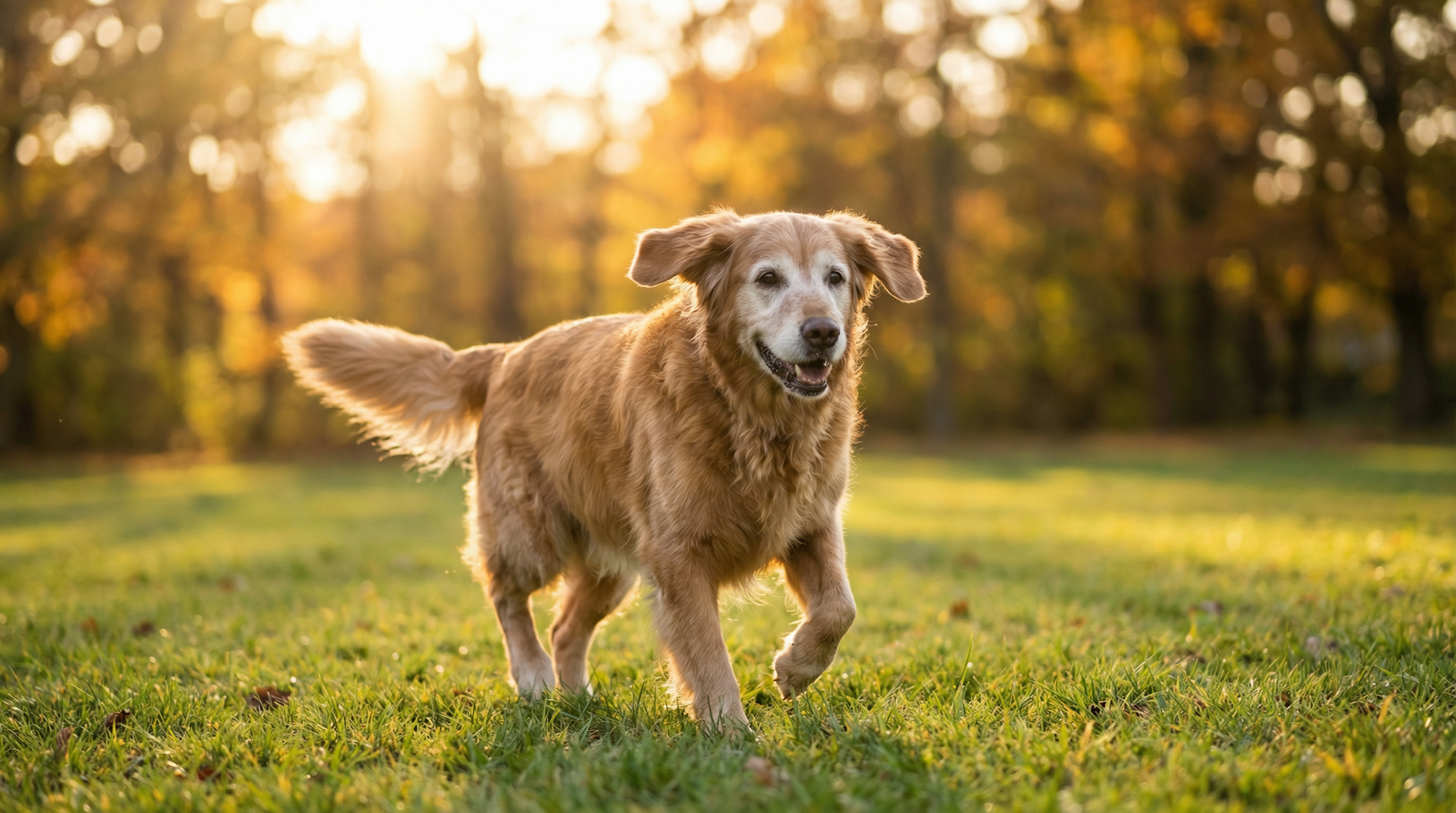 Happy senior golden retriever walking through a sunlit park with green grass showing healthy joint mobility