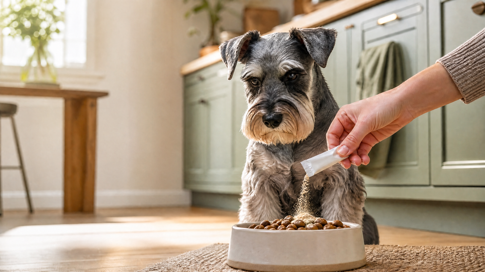 Miniature Schnauzer watching native canine probiotic powder added to dog food in a warm kitchen