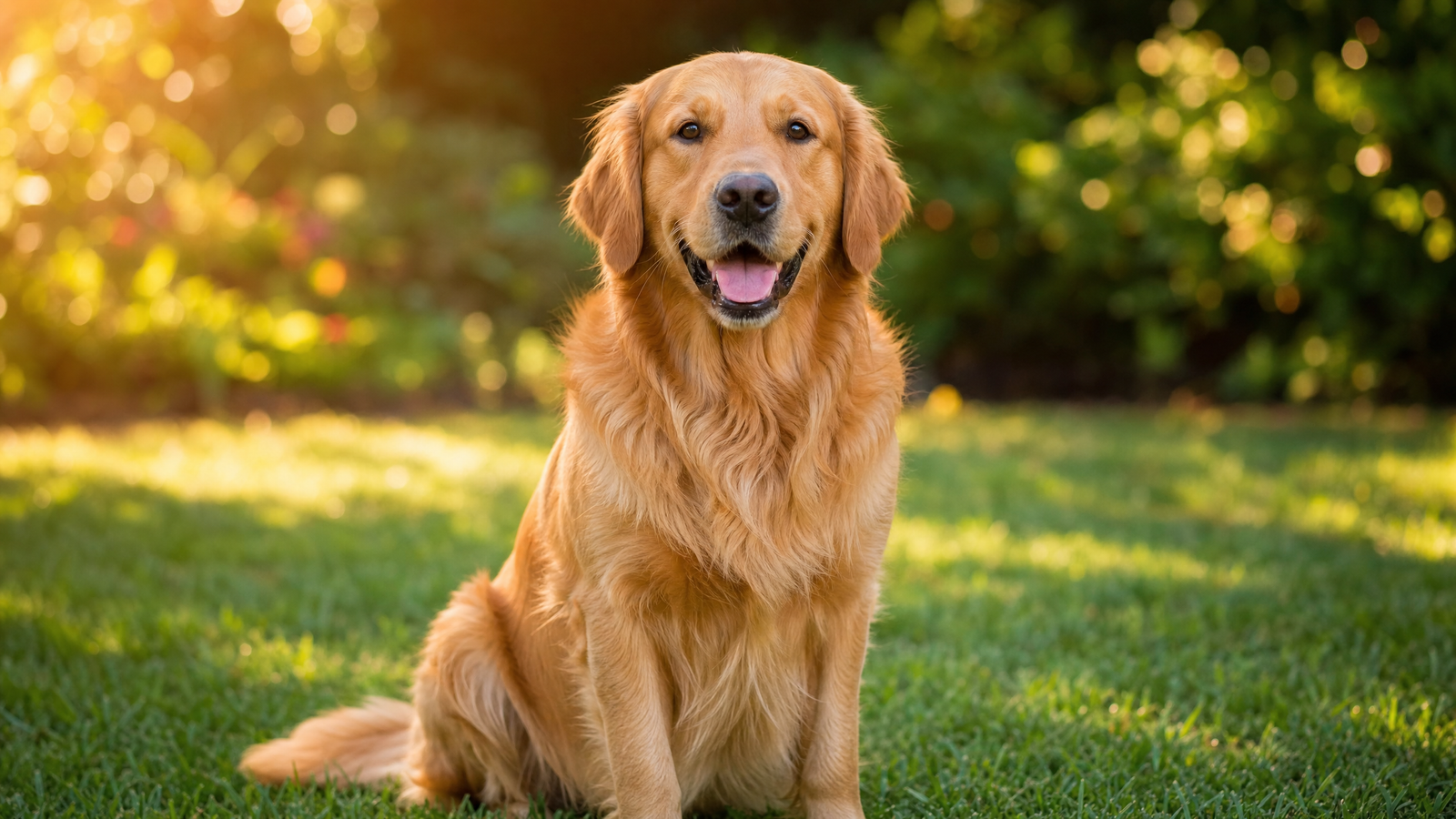 Happy golden retriever with clean healthy teeth sitting on green lawn in warm sunlight for dog dental care guide