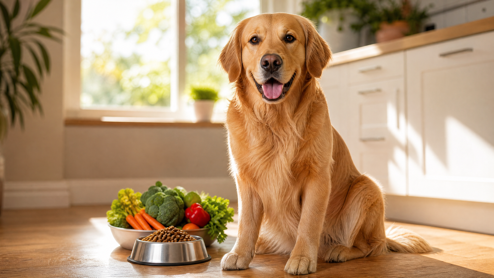 Golden retriever sitting next to fresh vegetables and dog food in a sunlit kitchen representing proper canine nutrition and vitamin health