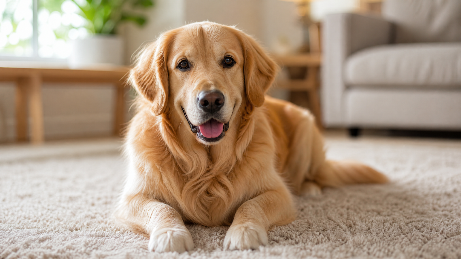 Golden retriever lying comfortably on a rug - dog stomach gurgling causes and remedies