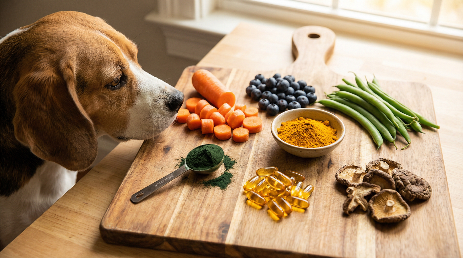 Beagle sniffing natural supplement ingredients on a wooden cutting board