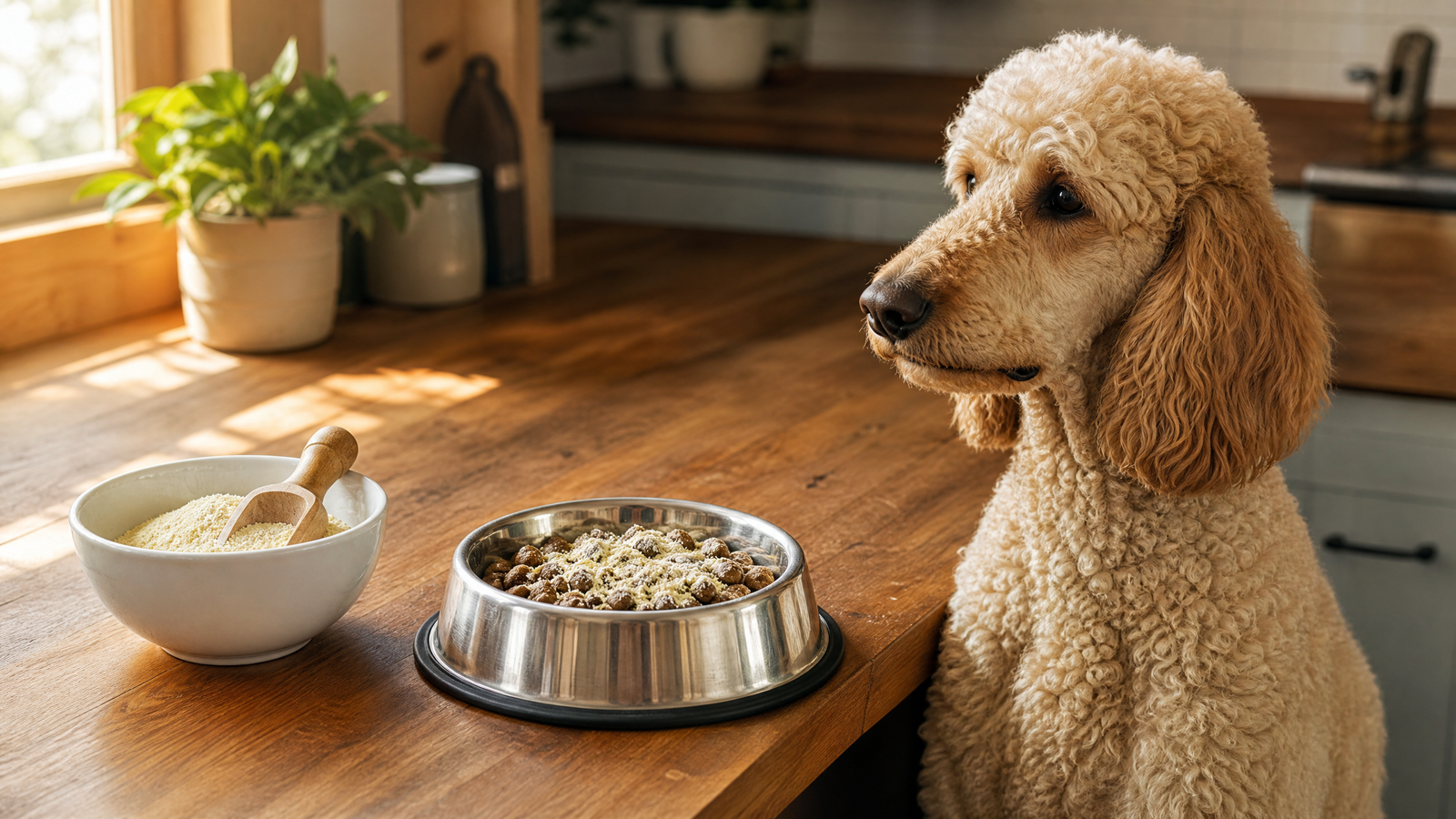 Cream Standard Poodle sitting beside a bowl of colostrum powder and a kibble bowl on a warm kitchen counter