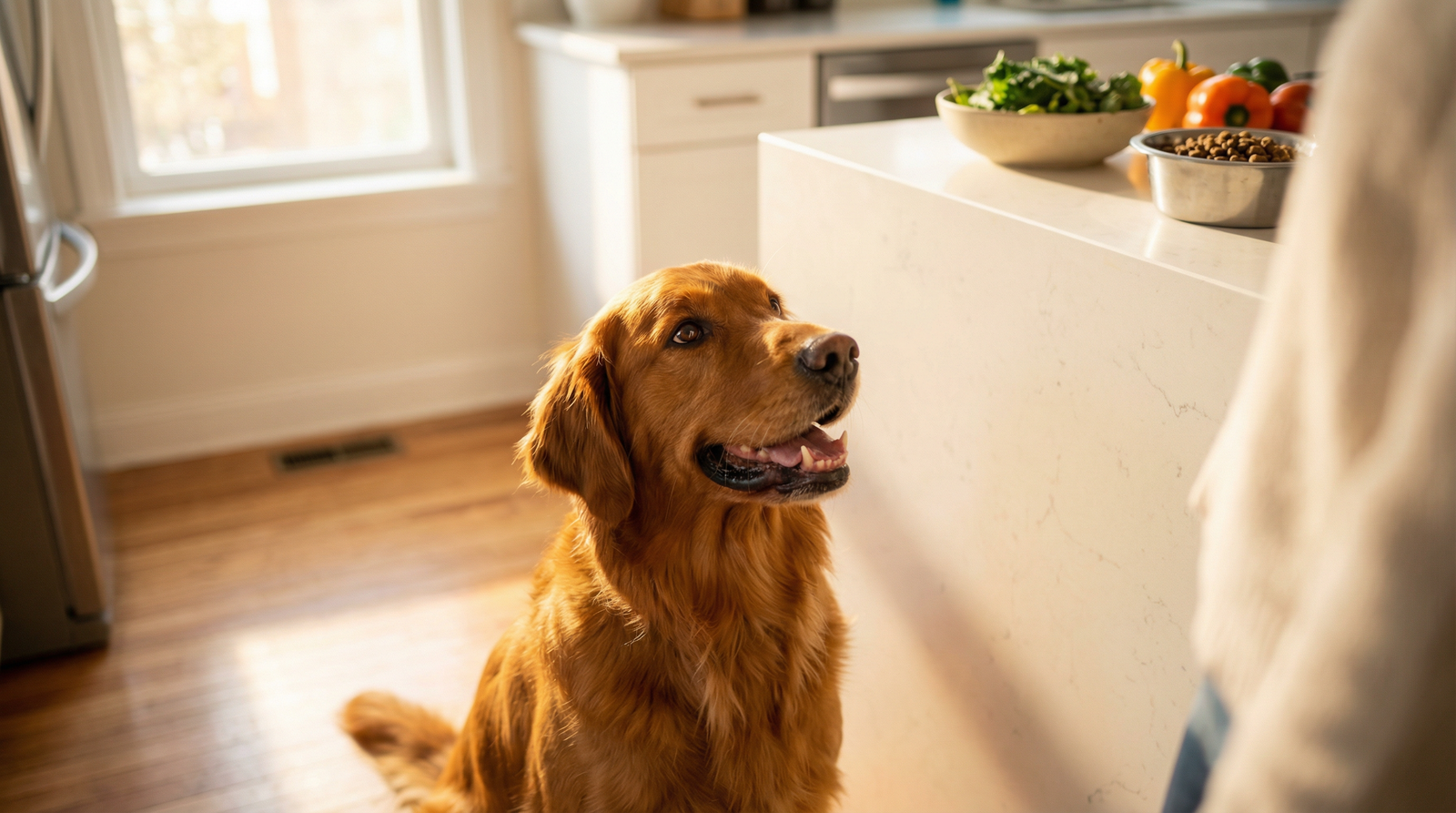 Happy golden retriever sitting in a sunlit kitchen with fresh vegetables and dog food, representing optimal canine nutrition and multivitamin health