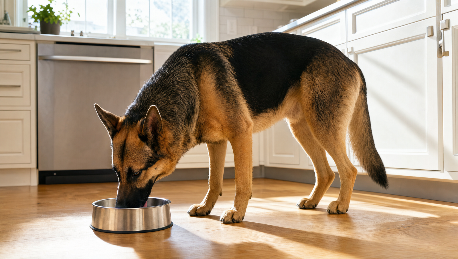 Adult black-and-tan German Shepherd drinking from a stainless steel bowl in a family kitchen
