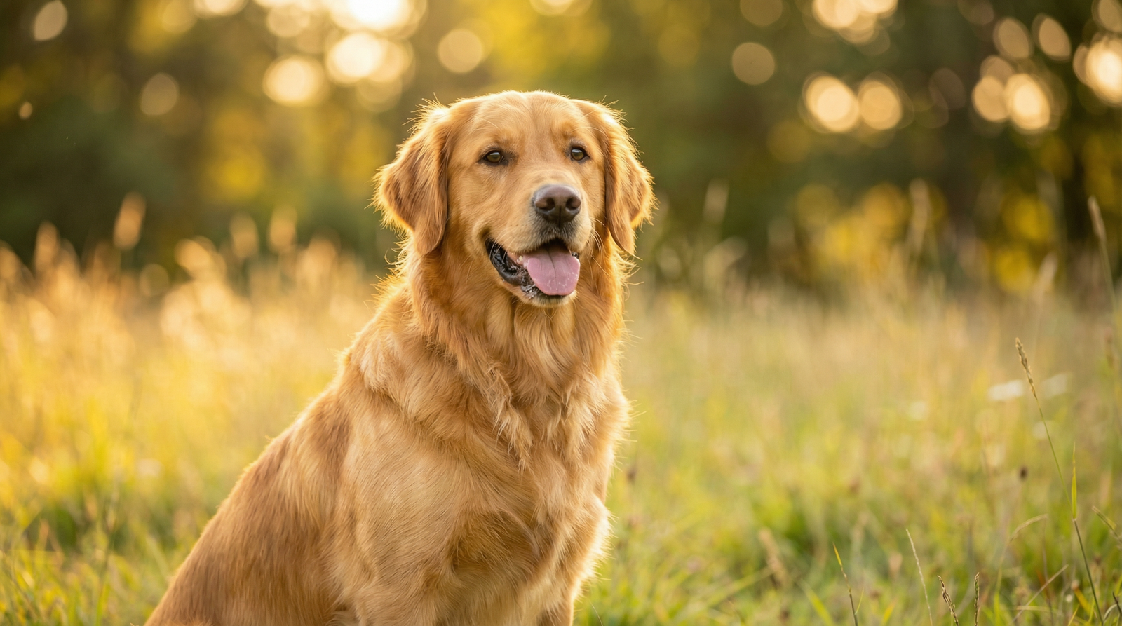 Healthy golden retriever with a shiny coat sitting in golden-hour sunlight in a grassy field