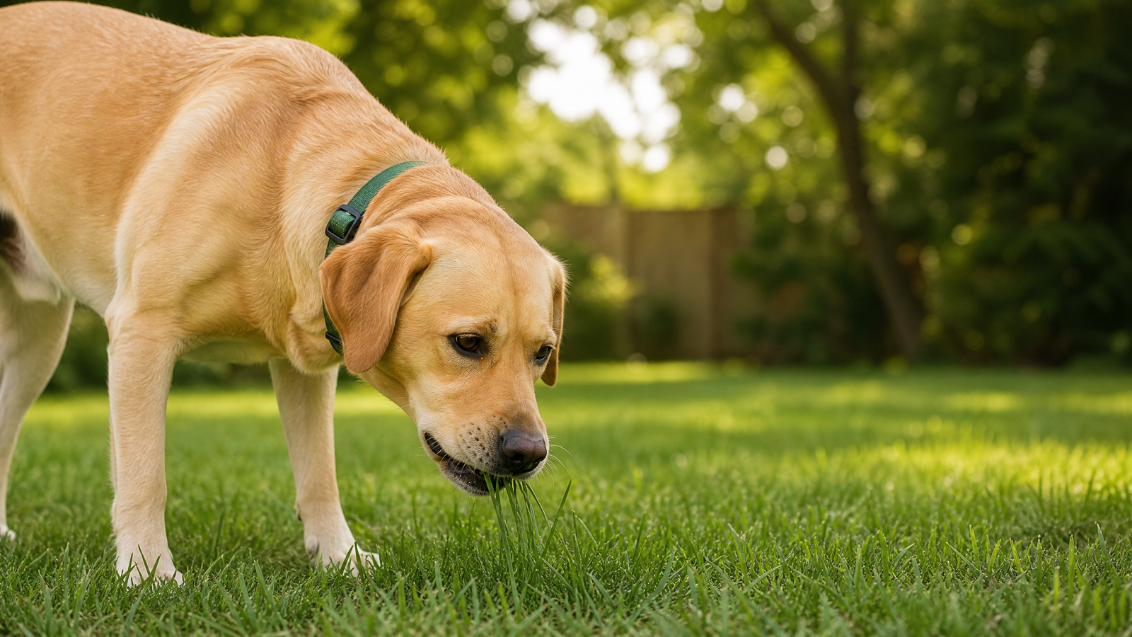 Yellow Labrador Retriever eating grass in a sunny backyard for a veterinary guide