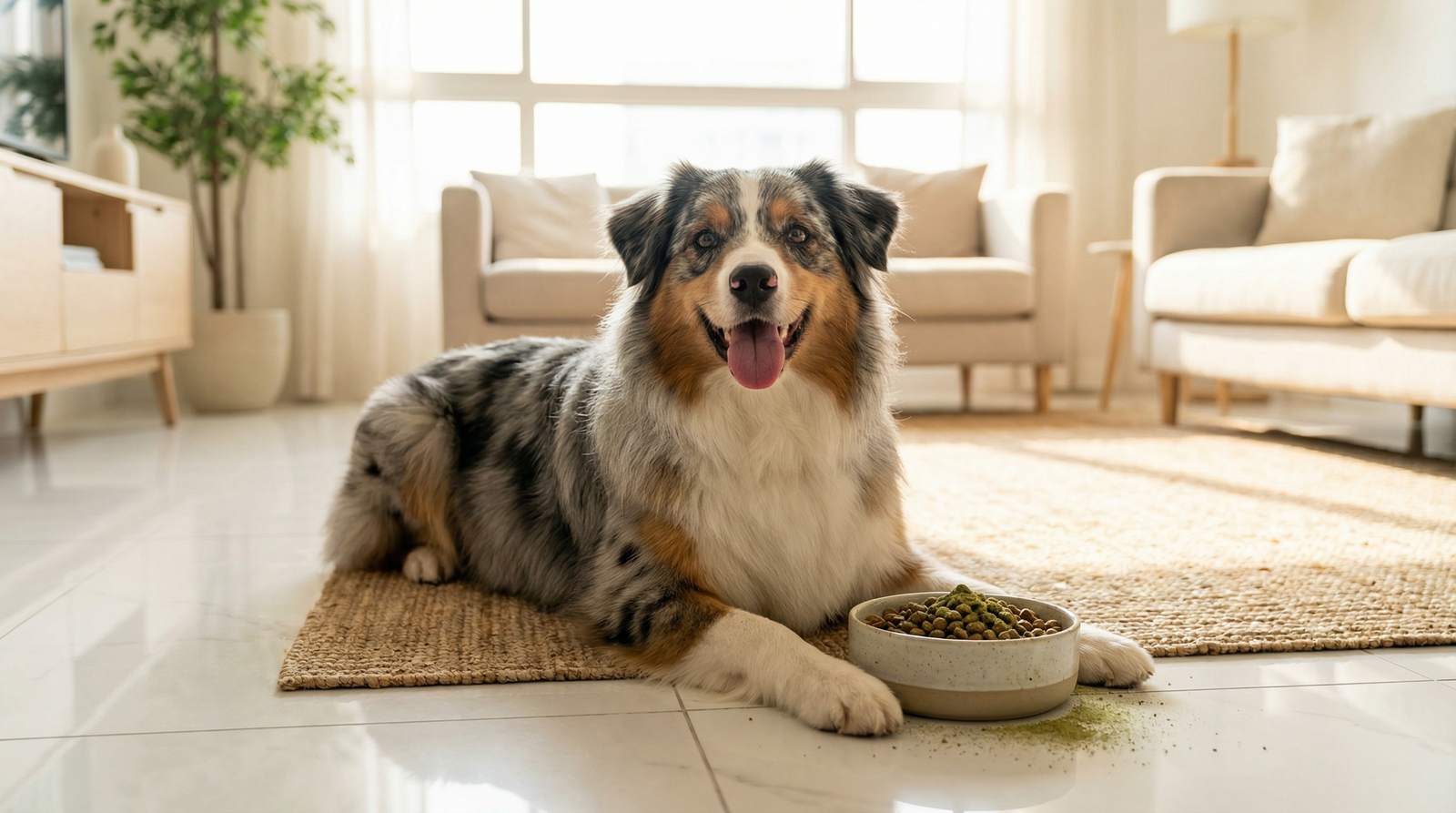Happy Australian Shepherd lying next to a bowl of food with green supplement powder