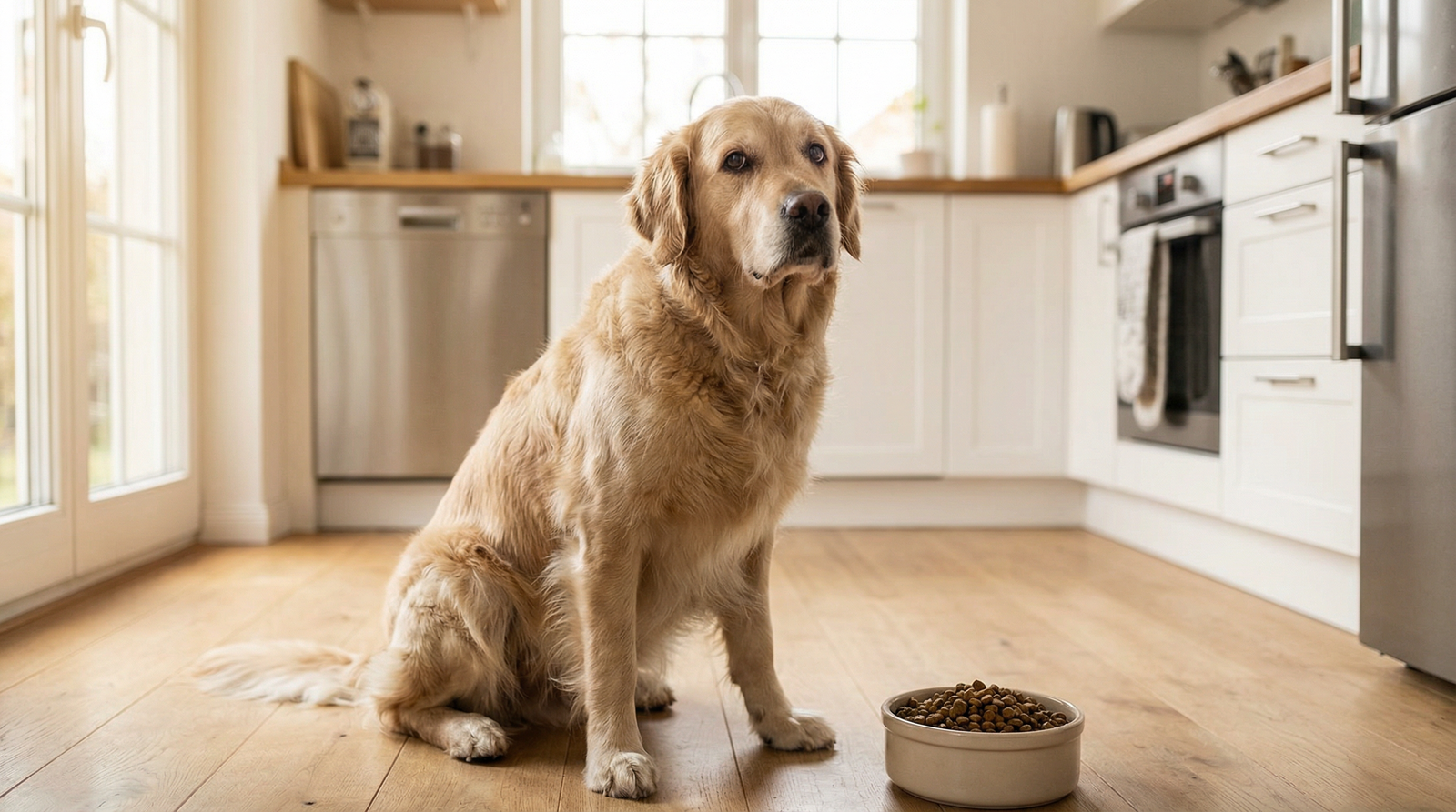 Golden retriever sitting next to food bowl in a bright kitchen, looking up at camera
