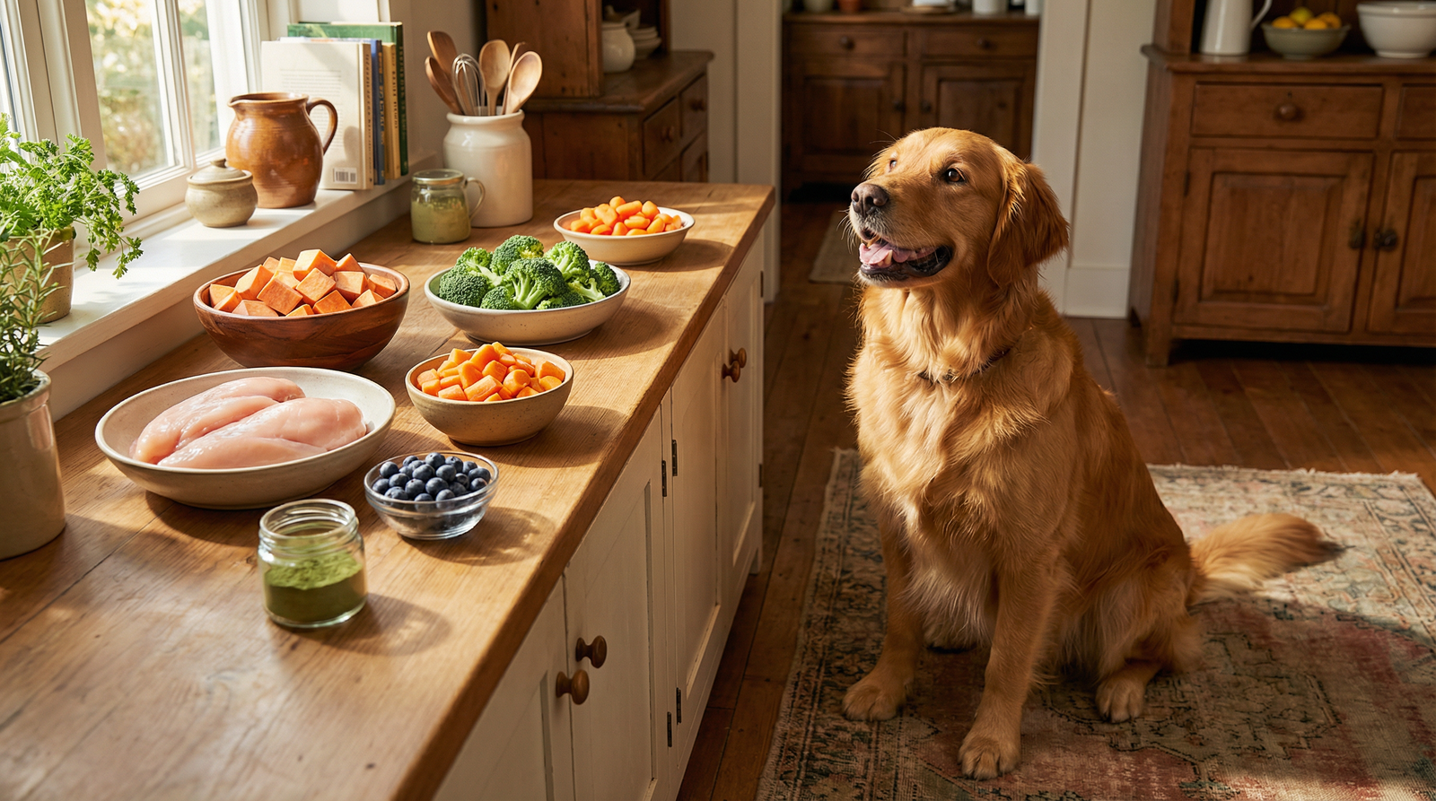 Golden retriever sitting beside fresh homemade dog food ingredients including chicken, sweet potatoes, broccoli, carrots, blueberries, and green nutritional supplement powder in a warm kitchen
