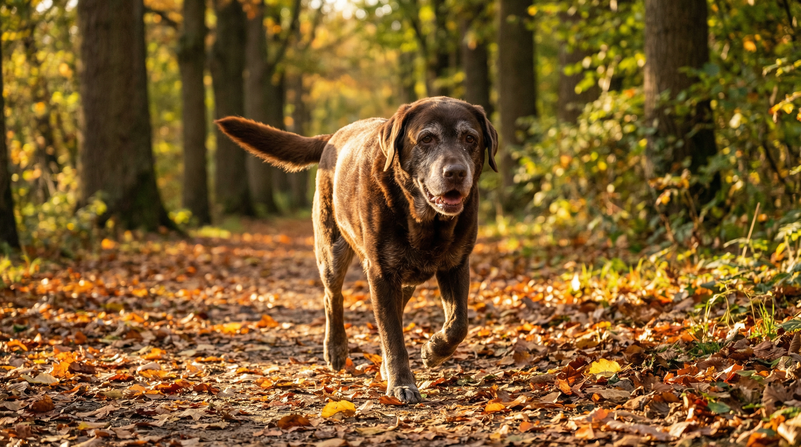 Senior gray-muzzled Labrador walking happily through an autumn park path