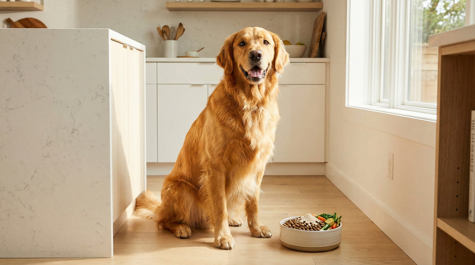 Golden retriever sitting in a modern kitchen next to a bowl of dog food with probiotic supplement powder