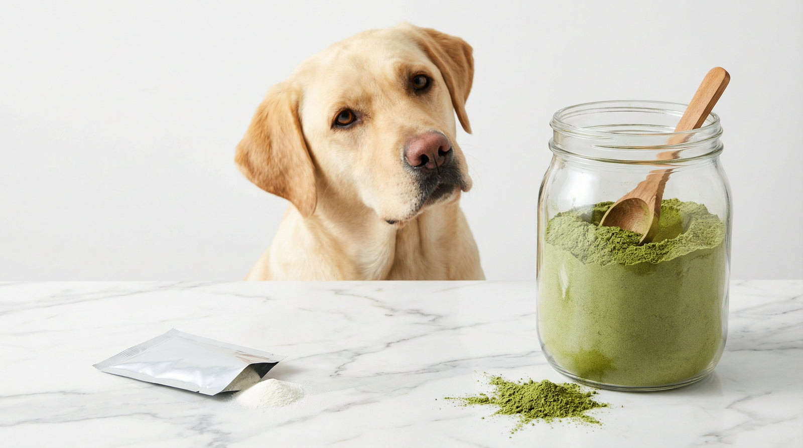 Labrador retriever comparing a single probiotic packet to a jar of green nutritional supplement powder