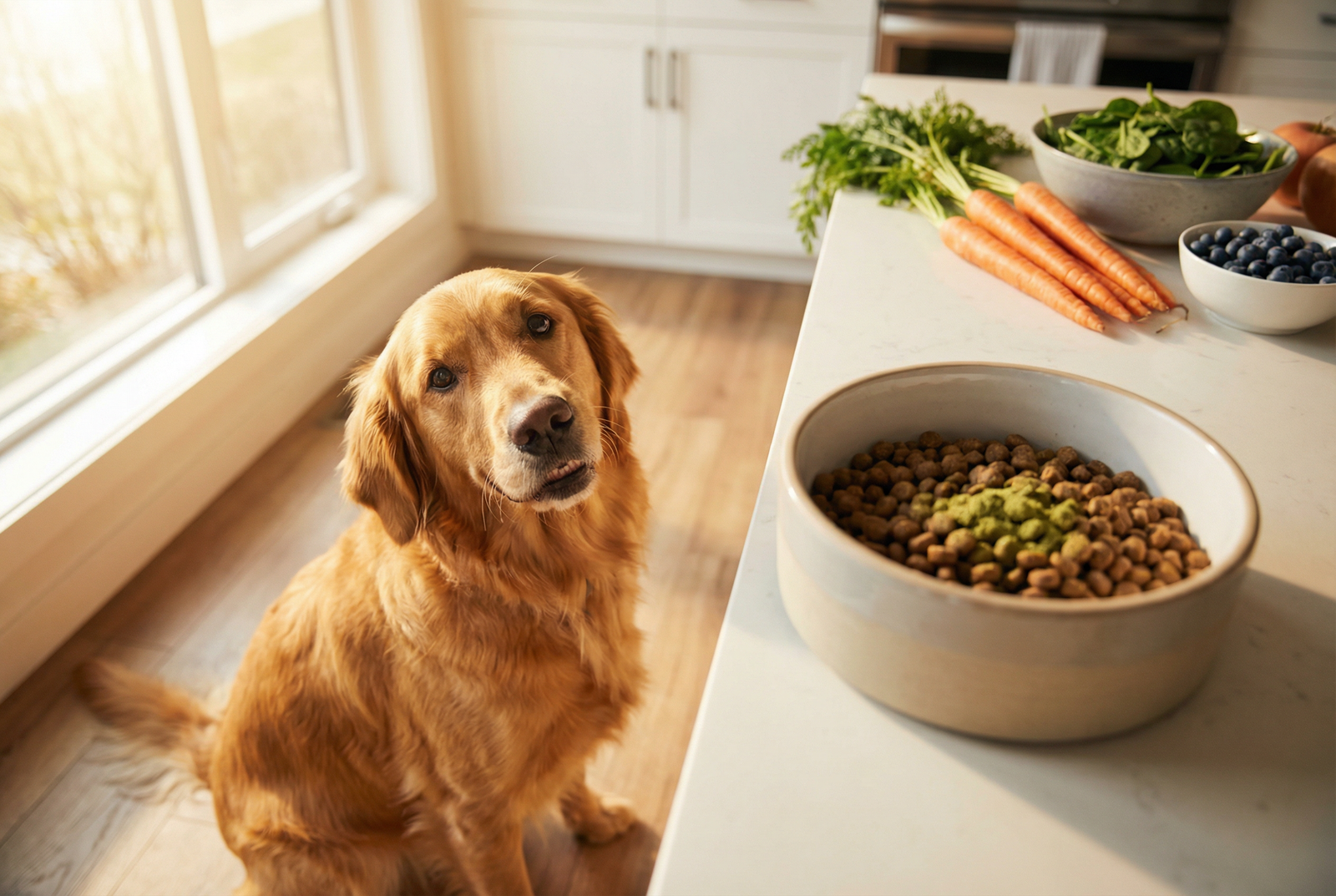 Golden retriever sitting in a bright kitchen next to a bowl of kibble with green supplement powder and fresh vegetables on the counter