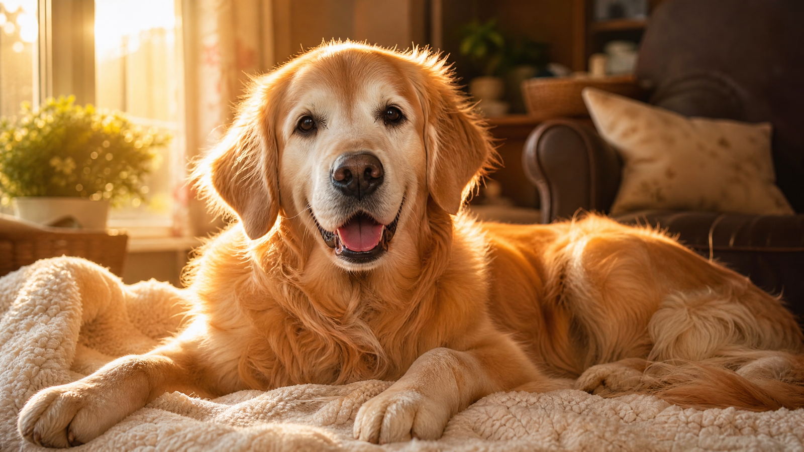 Senior golden retriever lying comfortably on a blanket with warm lighting showing healthy coat and mobility from collagen supplementation