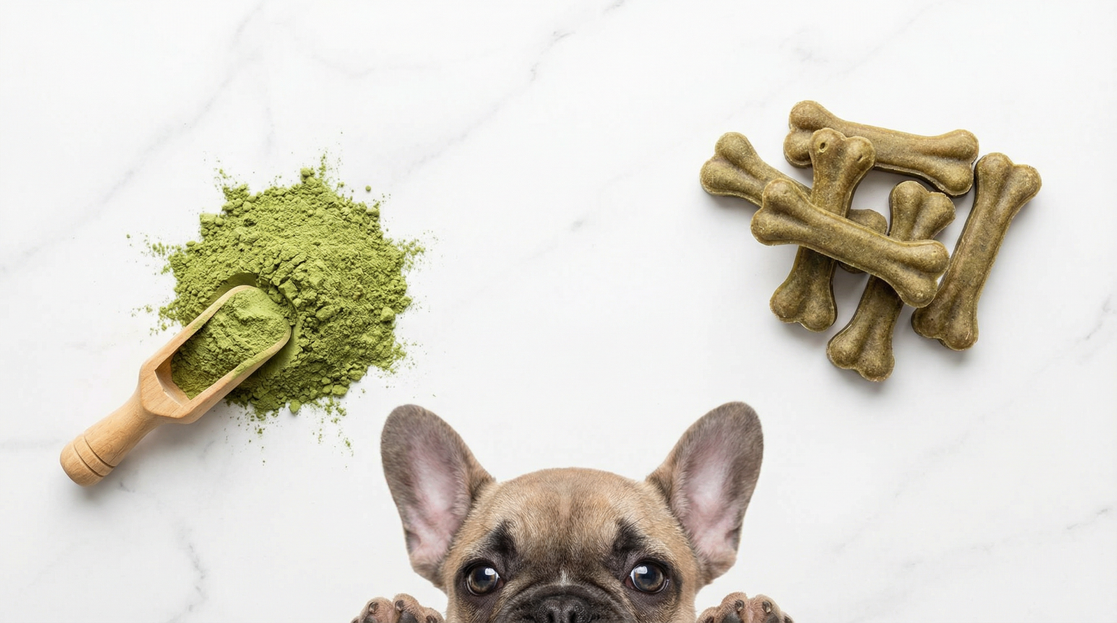 French Bulldog peeking over counter at green supplement powder and dog chew treats