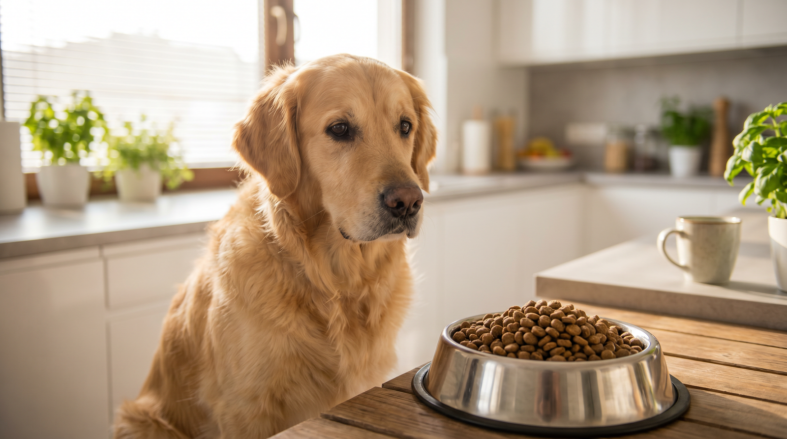 Golden retriever sitting next to a full food bowl looking reluctant to eat in a warm kitchen setting
