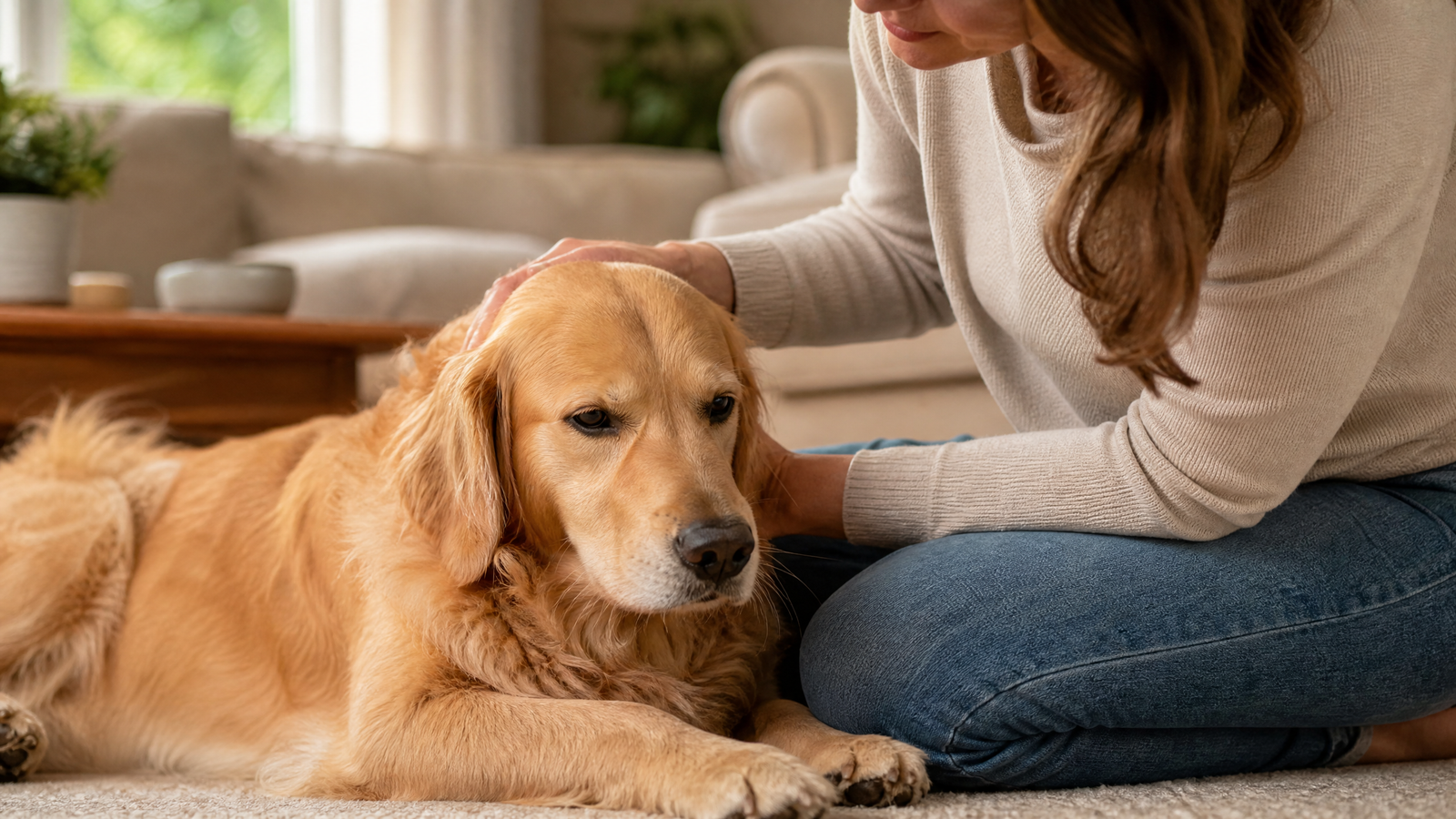 Golden retriever lying on living room floor with owner comforting during digestive upset