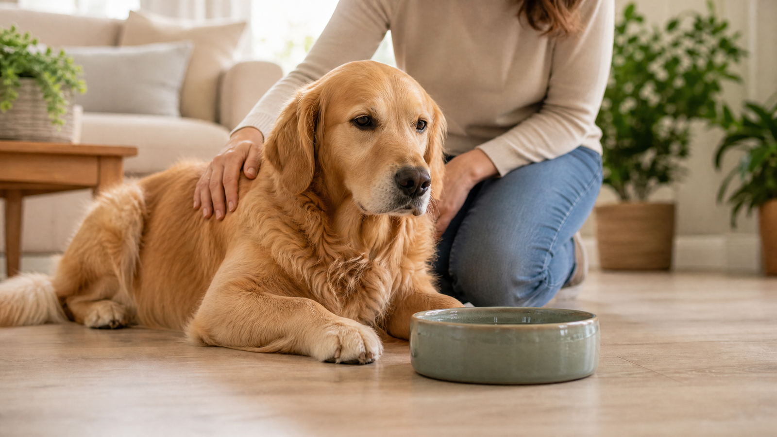 Golden retriever beside a water bowl during gentle dog constipation treatment at home in warm morning light
