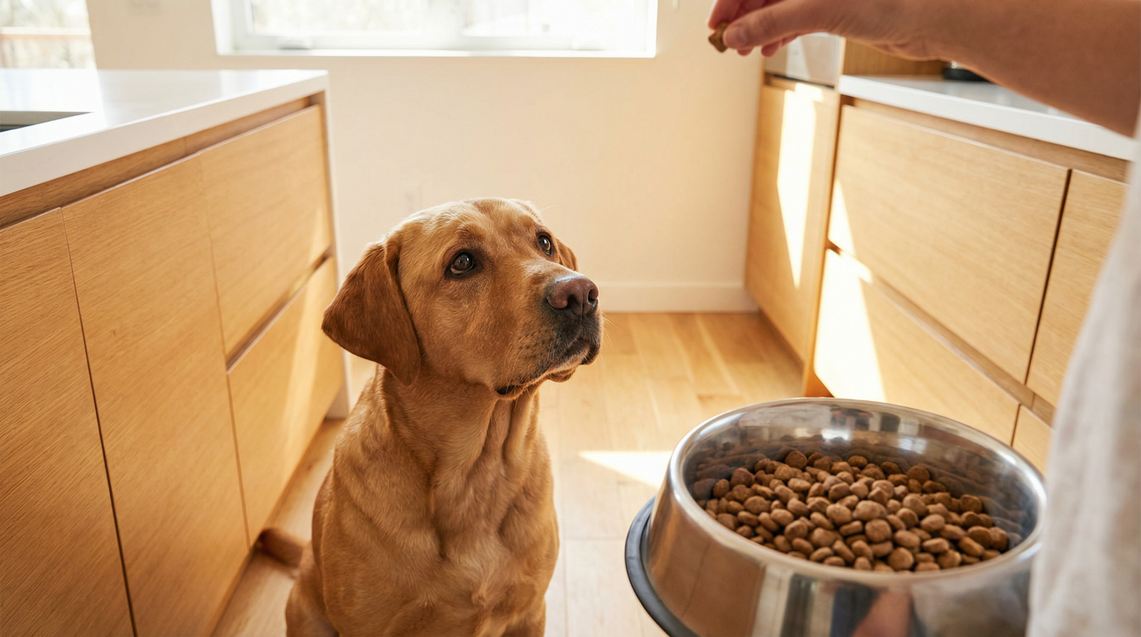 Labrador retriever looking up expectantly at owner holding a bowl of plain kibble