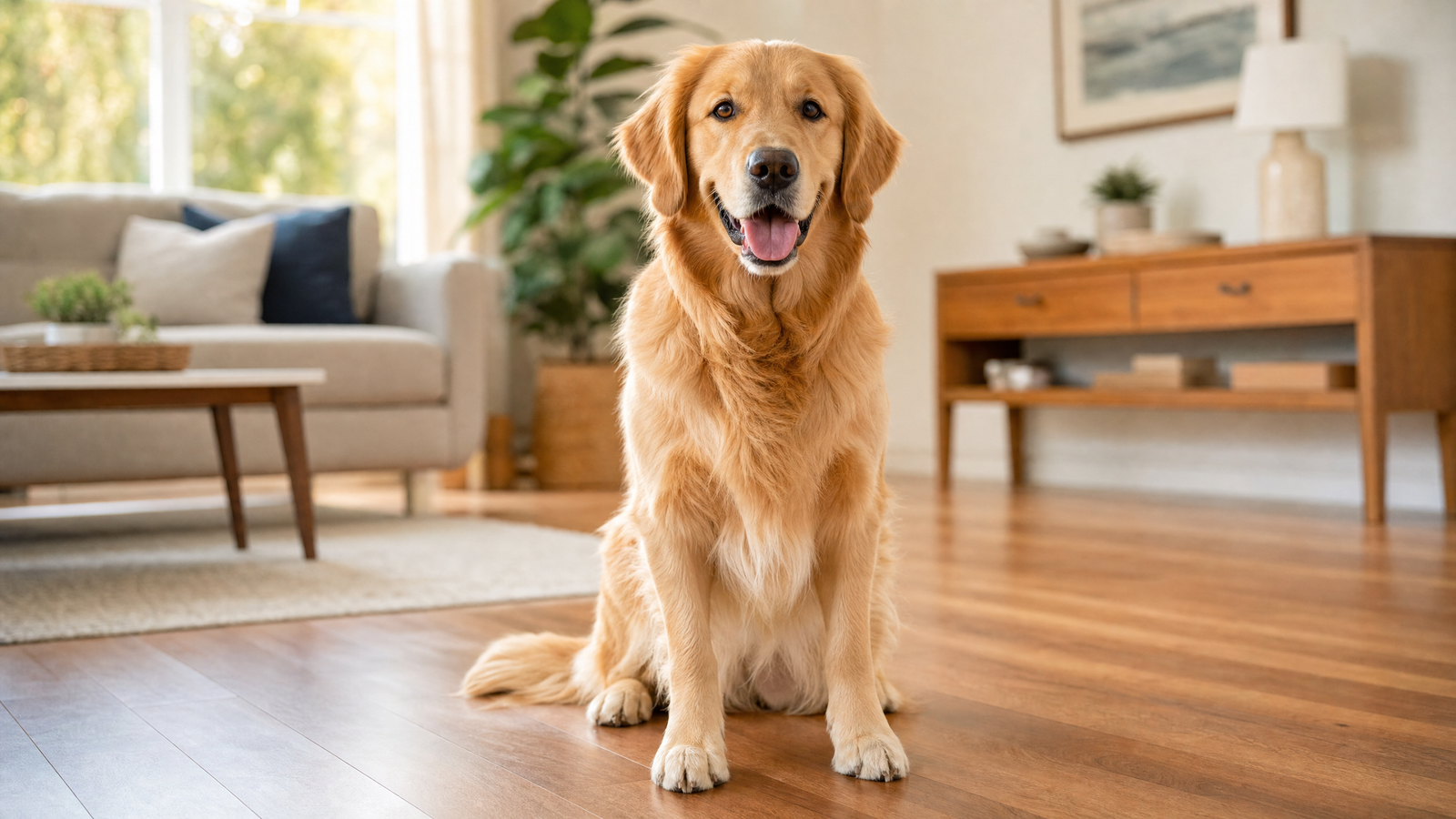 Happy Golden Retriever with a shiny healthy coat sitting on a clean hardwood floor