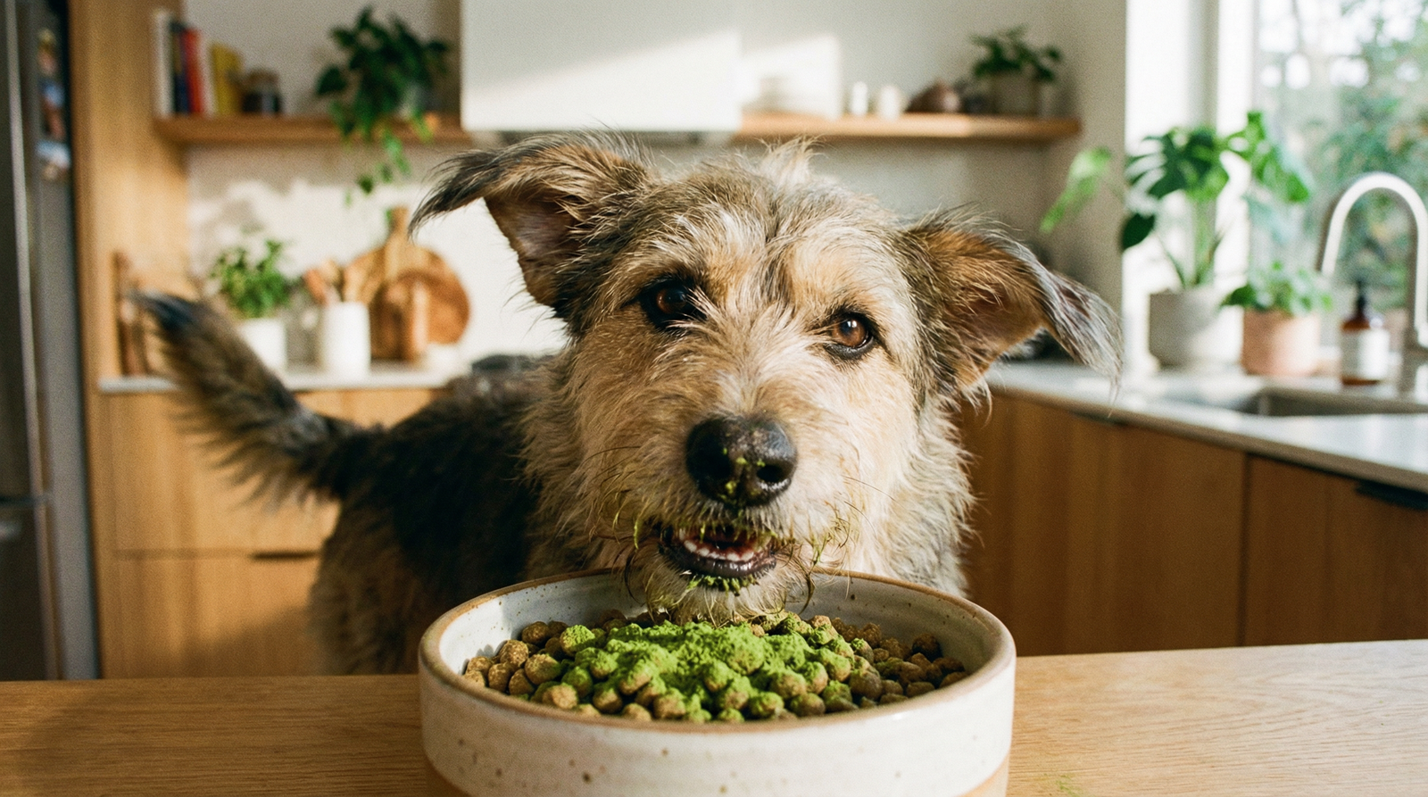 Mixed-breed dog eagerly eating from a bowl with green supplement powder on kibble