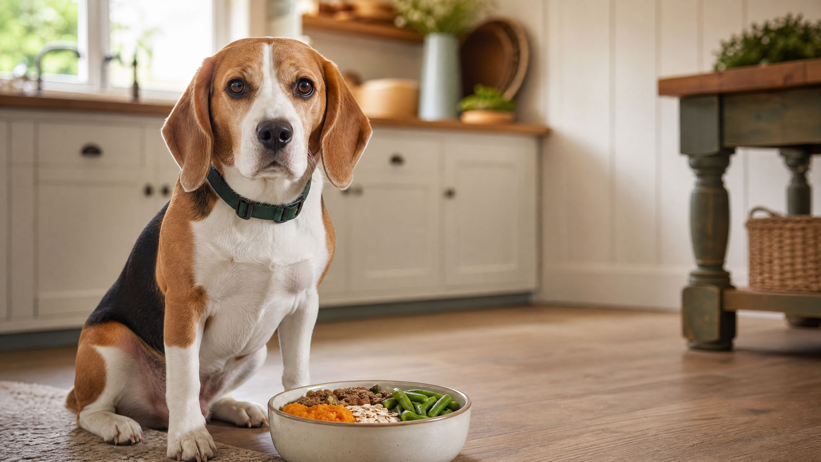 Beagle beside a balanced meal with plain pumpkin, green beans, and oats for an article about fiber for dogs