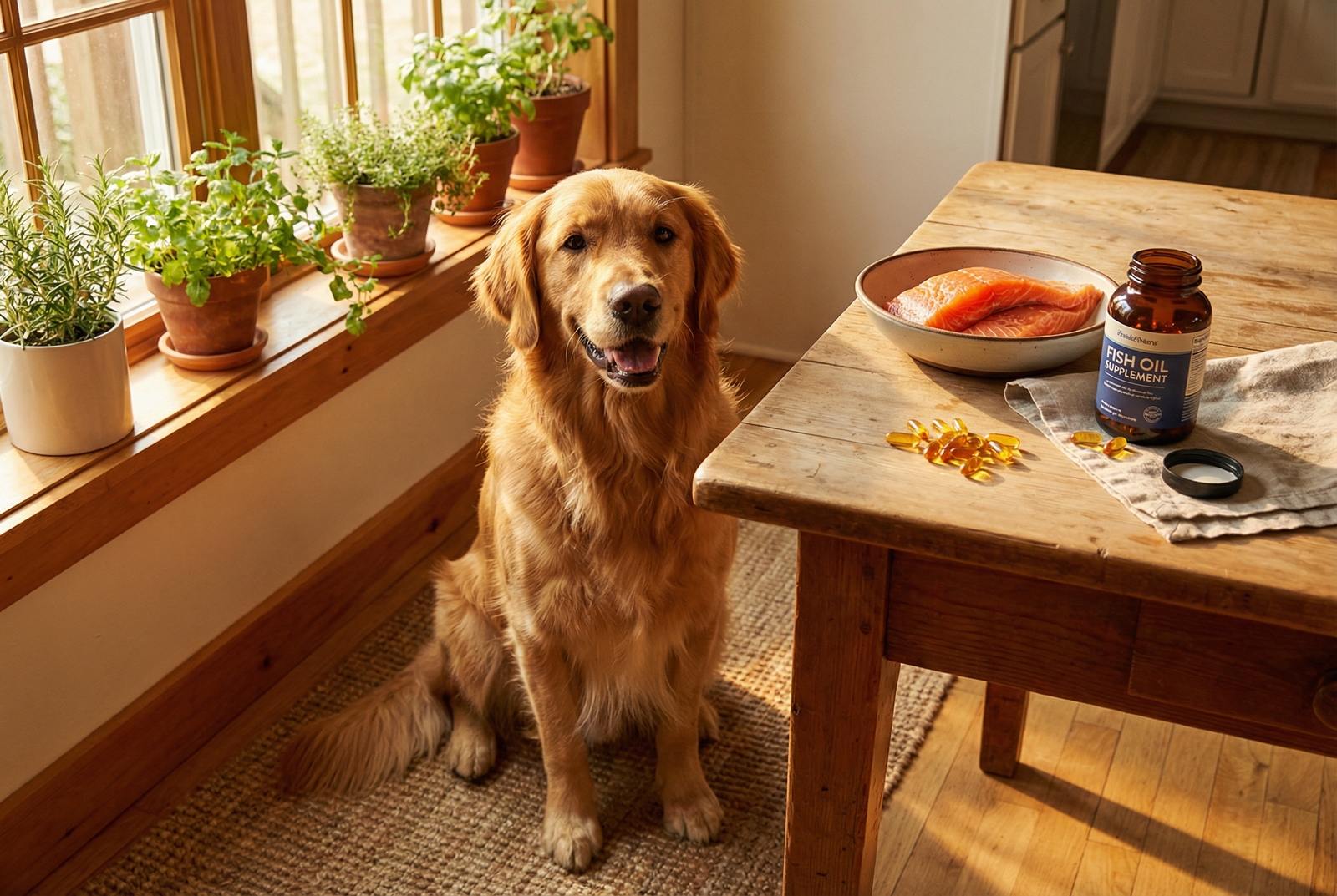 Golden retriever sitting beside fresh salmon and fish oil capsules in a warm sunlit kitchen