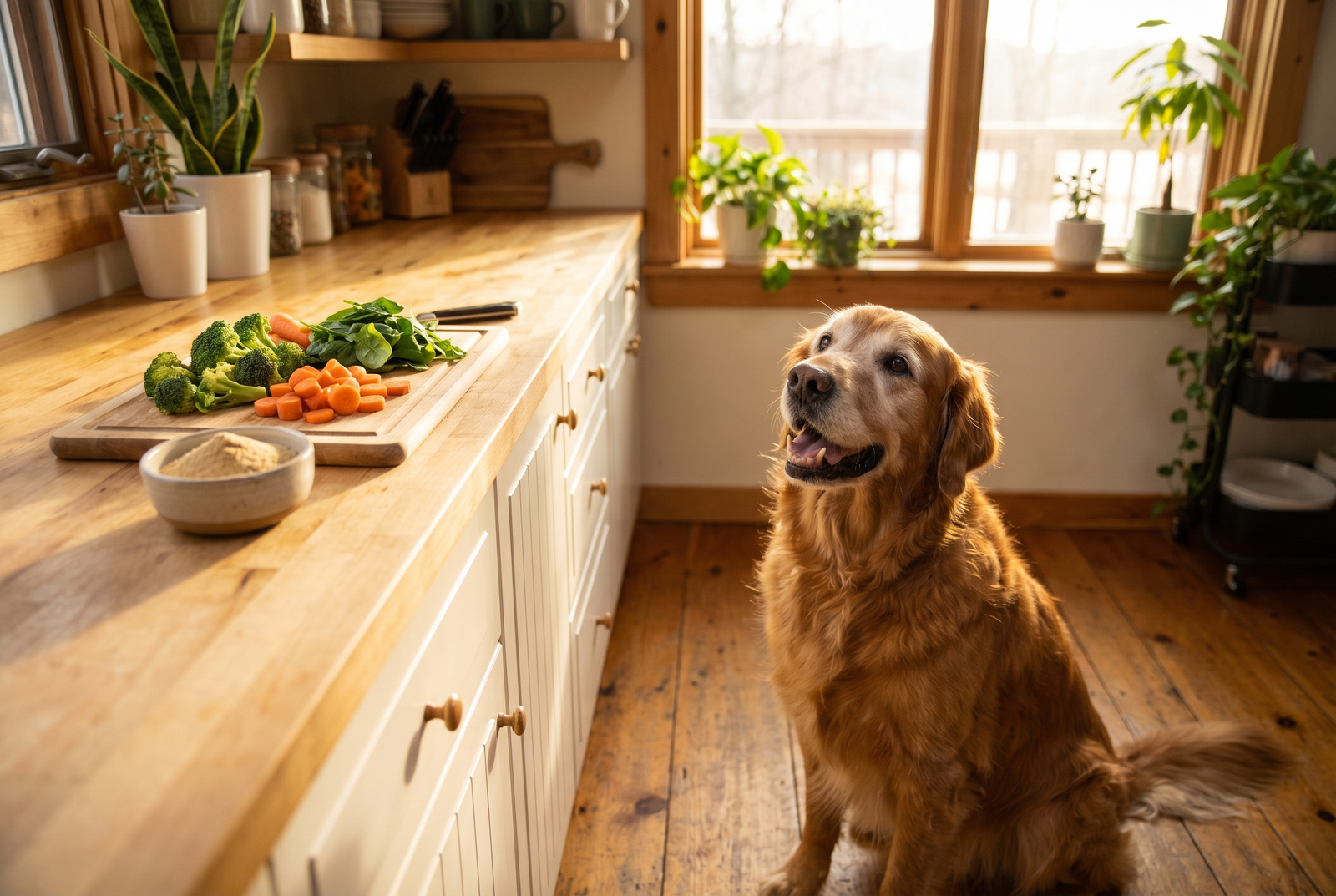 Happy senior Golden Retriever sitting in a warm sunlit kitchen with fresh vegetables and supplement powder, representing glucosamine joint health for dogs