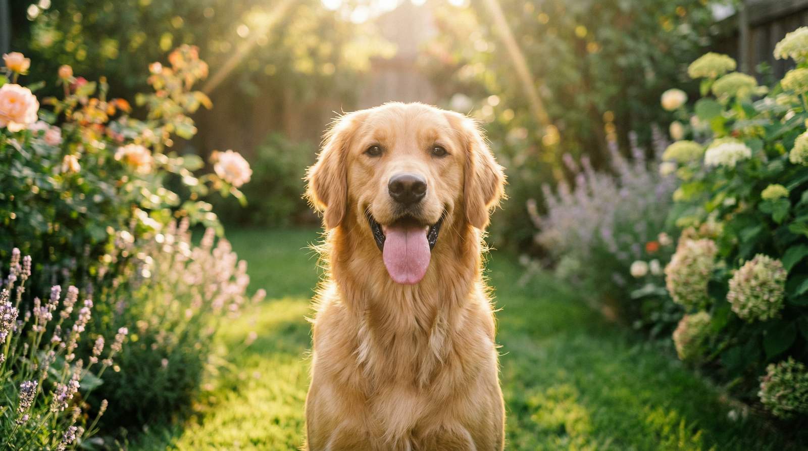 Happy healthy golden retriever in a sunny garden representing the benefits of probiotics for dogs