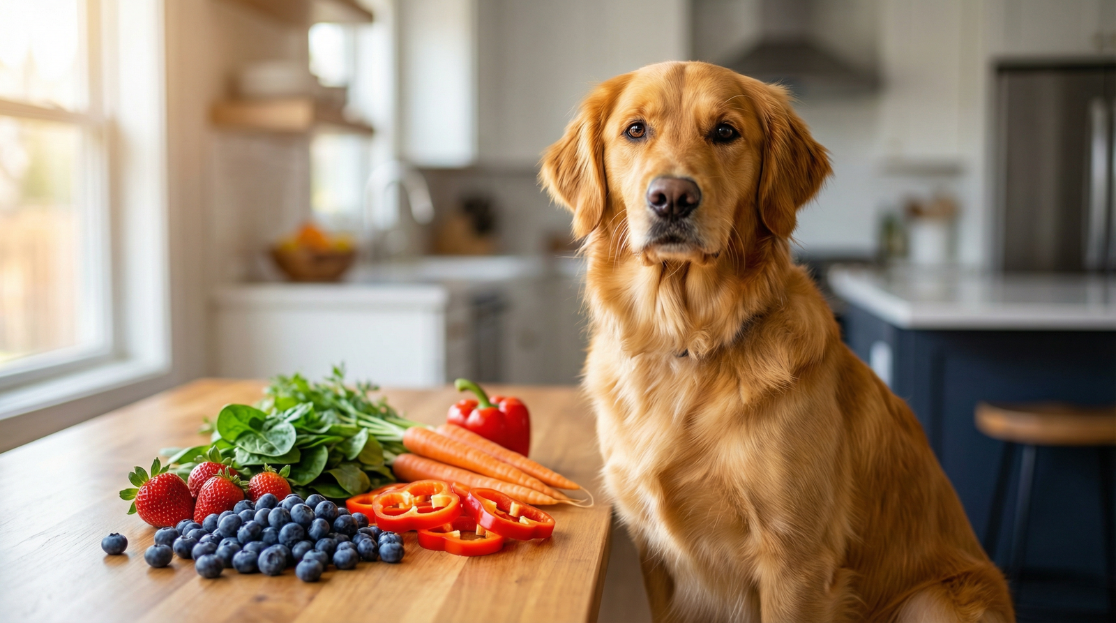Golden retriever dog with antioxidant-rich fruits and vegetables including blueberries, strawberries, spinach, and carrots on a kitchen table