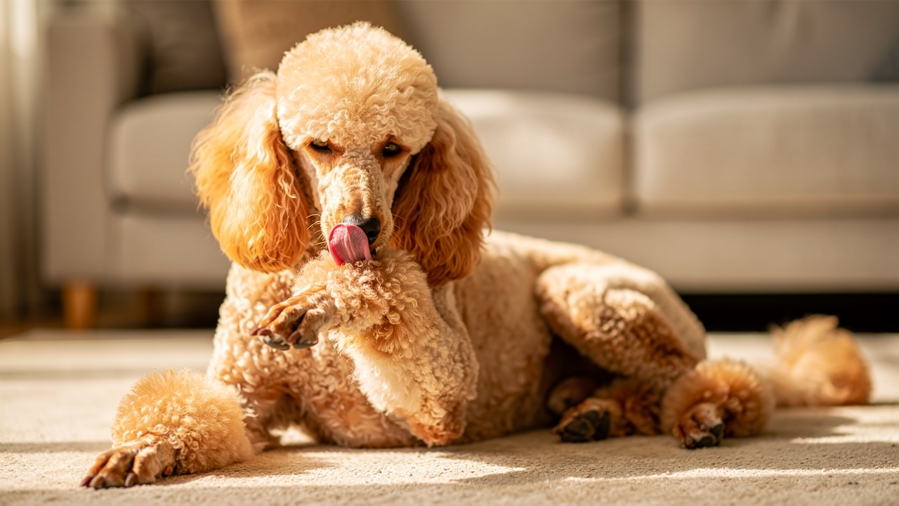 Adult apricot Poodle lying on a living-room rug licking a front paw