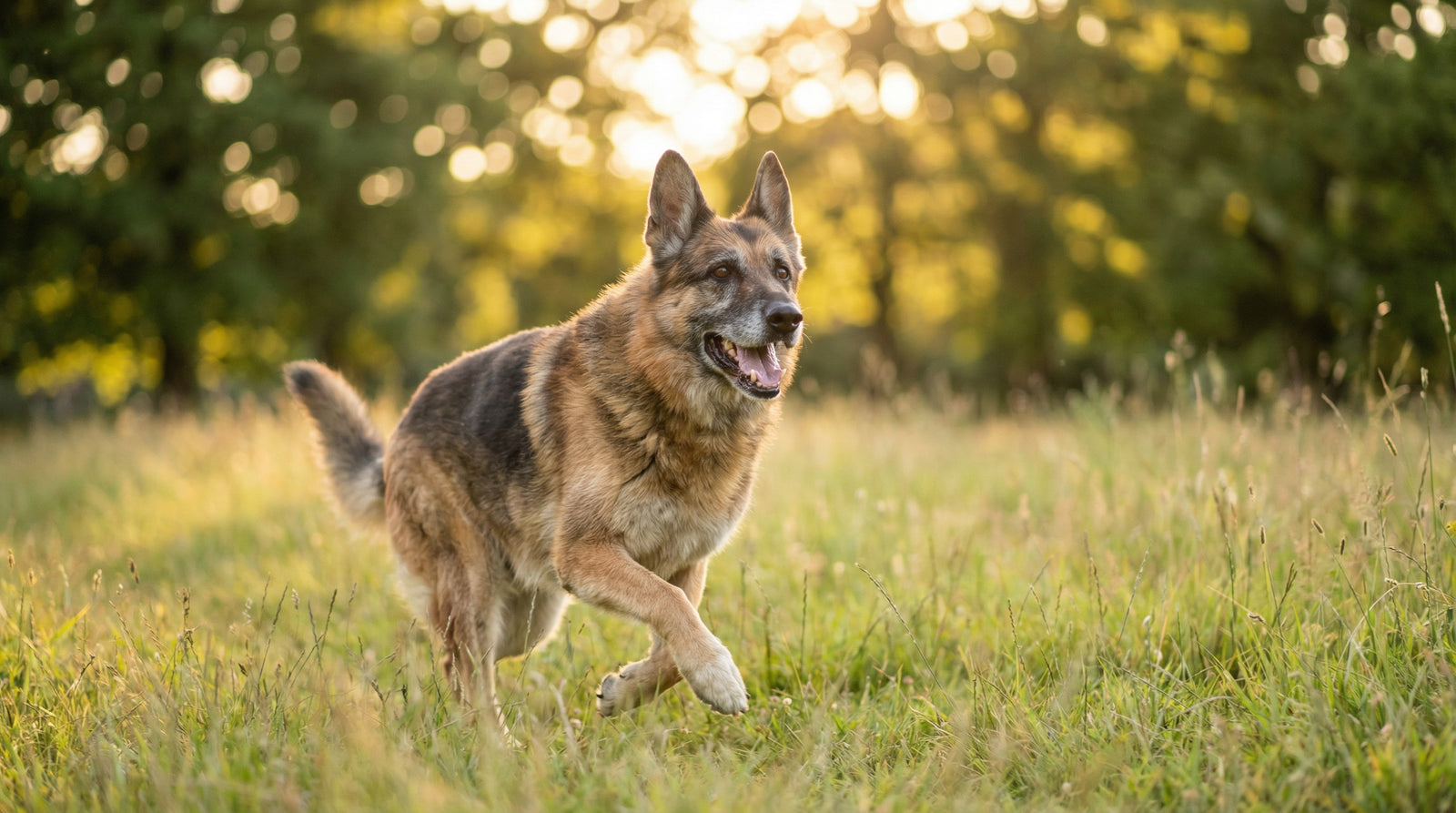 Senior German Shepherd running happily through a grassy park showing healthy joints and mobility