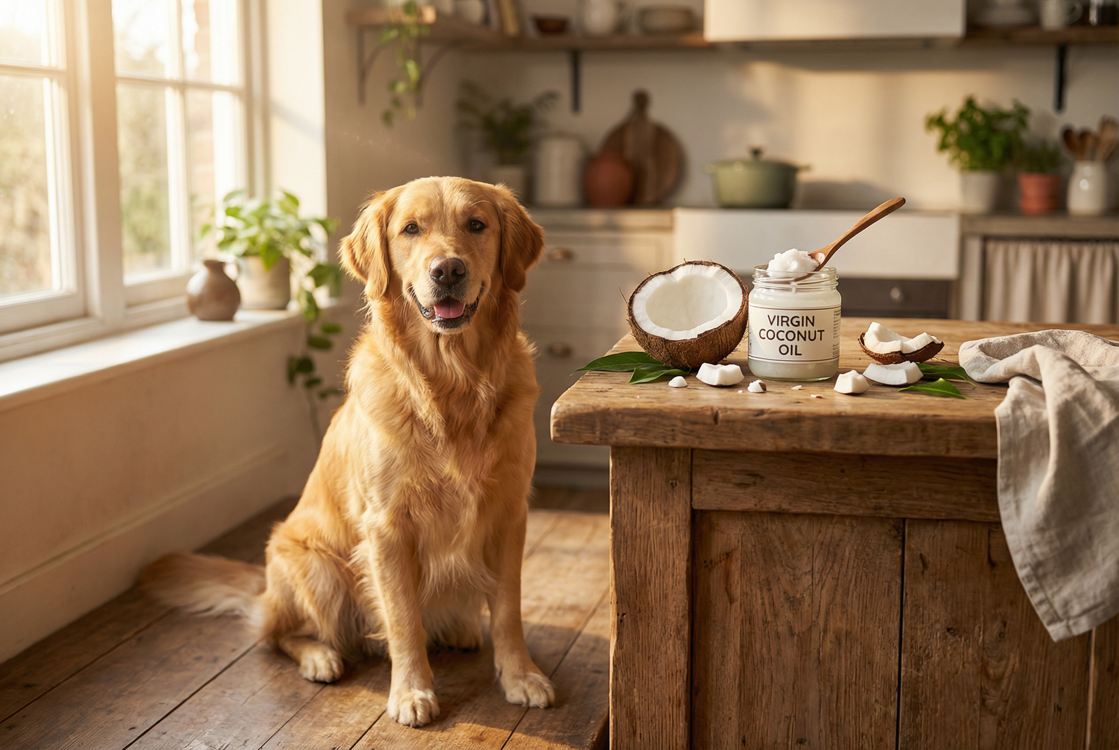 Golden retriever sitting next to a jar of virgin coconut oil and fresh coconut halves in a warm kitchen setting
