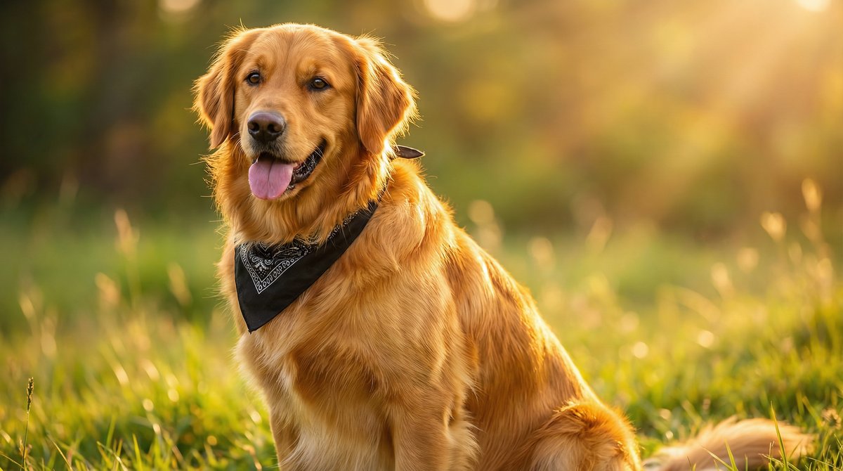 A healthy golden retriever with a shiny coat sitting in a sunlit meadow - fish oil for dogs