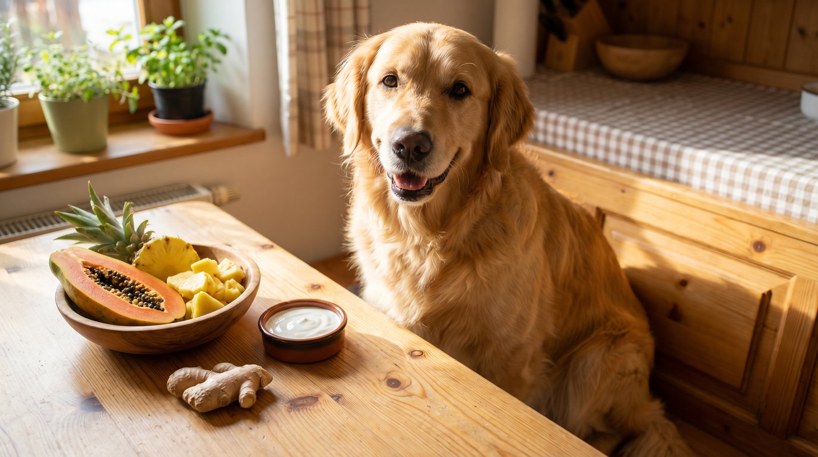 Golden retriever sitting at kitchen table with natural digestive enzyme foods including papaya pineapple ginger and yogurt for dog gut health