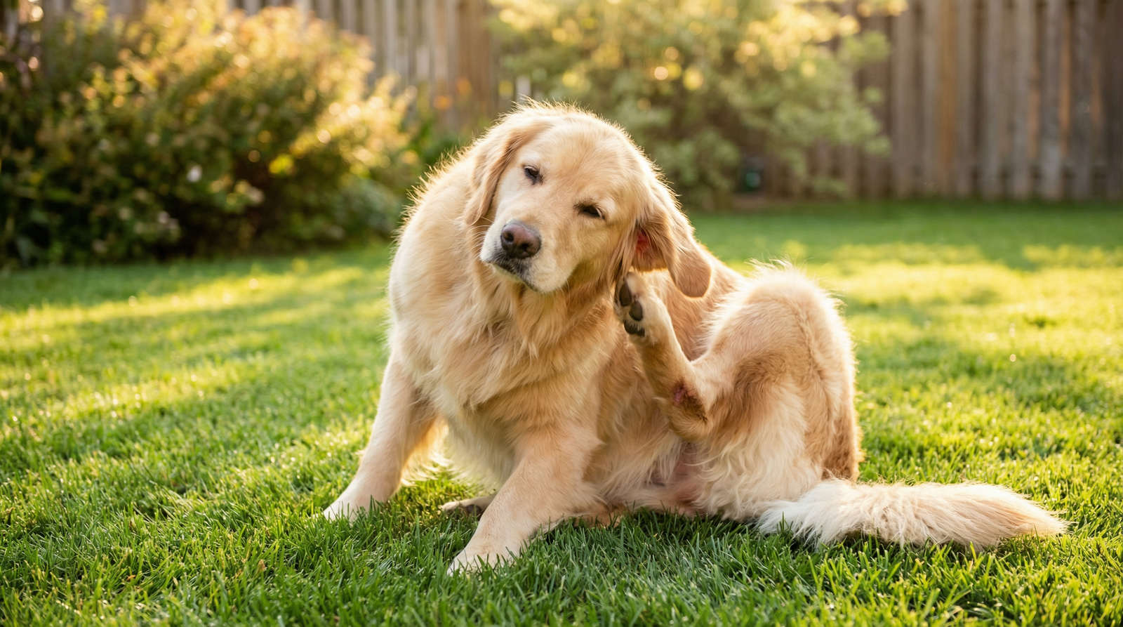 Golden retriever scratching behind its ear on a green lawn in golden hour light