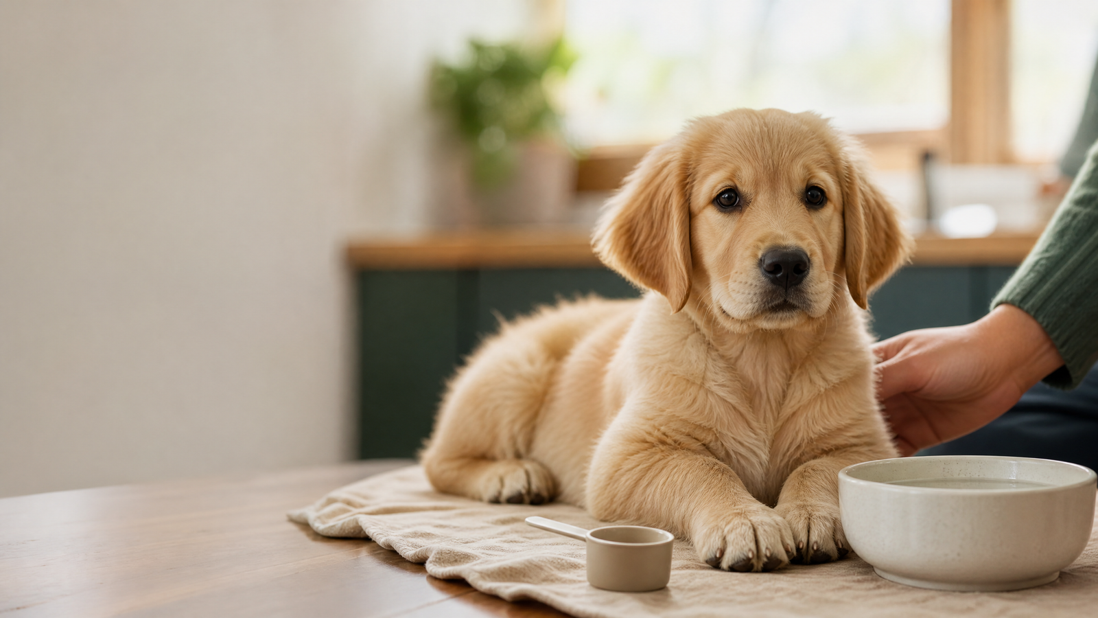 Golden retriever puppy beside water and a probiotic scoop for puppy diarrhea digestive support